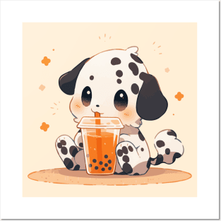 A long-haired dalmatian puppy drinking bubble tea Posters and Art